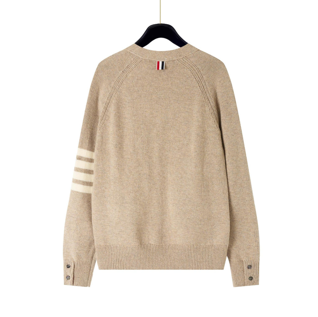 4 - Bar Premium Cotton V - Neck Cardigan - Classic Khaki Knit | Thom Browne
