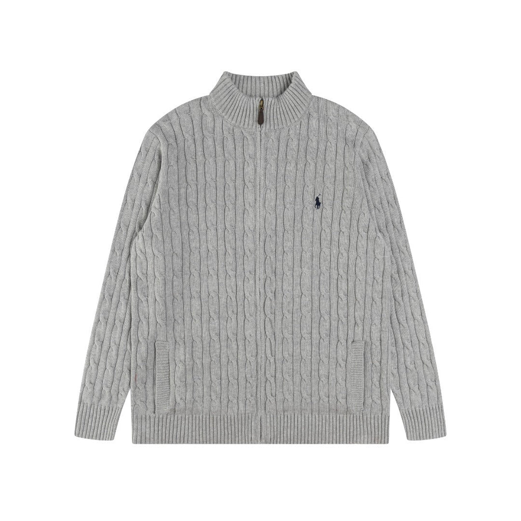 Ralph Lauren Men's Full‑Zip Cable Knit Stand Collar Cardigan Sweater With Navy Pony Logo