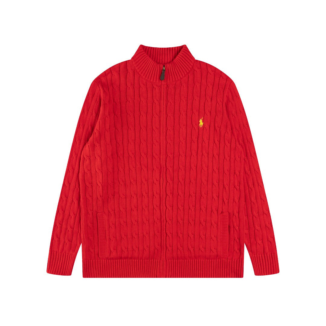 Ralph Lauren Men's Full‑Zip Cable Knit Stand Collar Cardigan Sweater With Navy Pony Logo