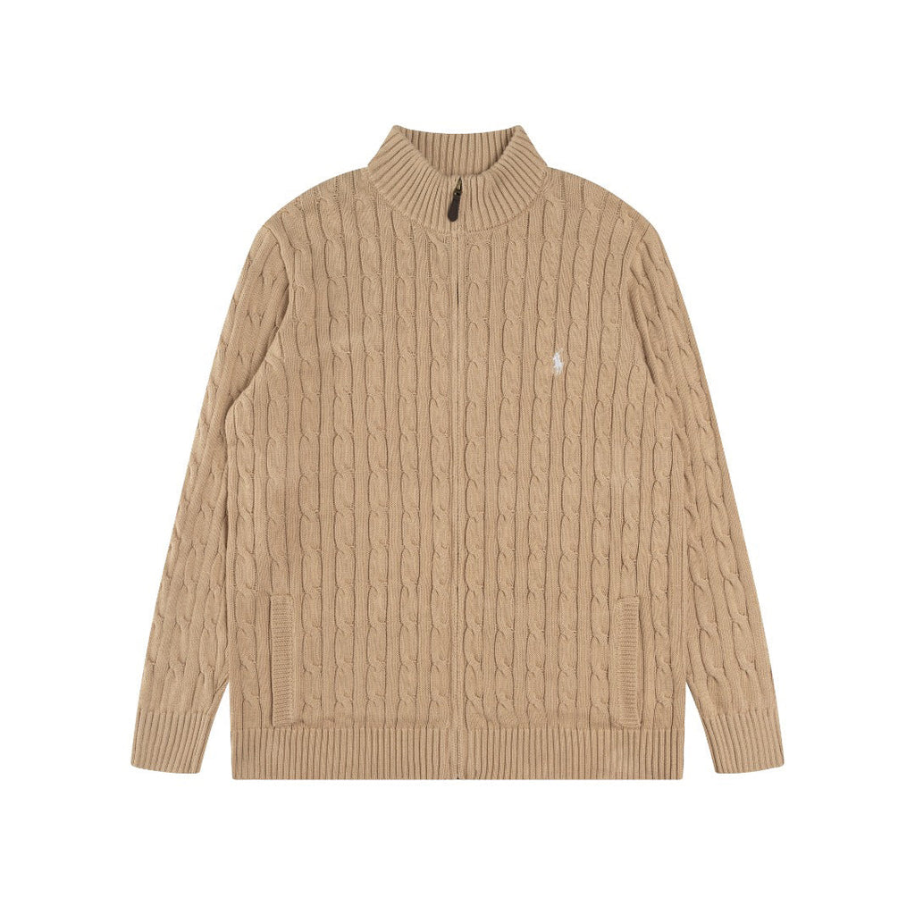 Ralph Lauren Men's Full‑Zip Cable Knit Stand Collar Cardigan Sweater With Navy Pony Logo