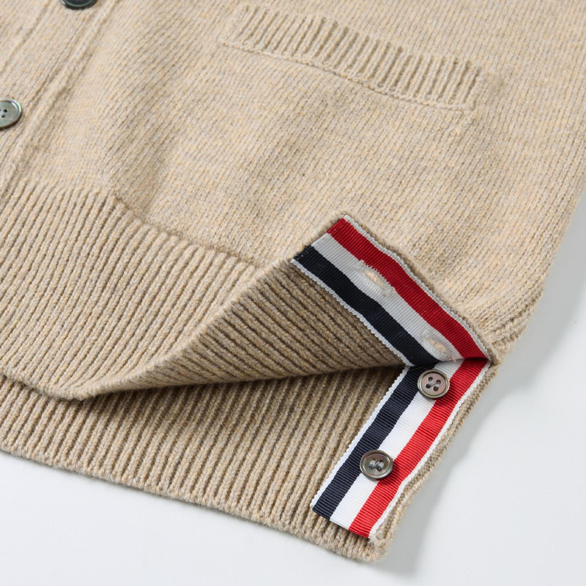 4 - Bar Premium Cotton V - Neck Cardigan - Classic Khaki Knit | Thom Browne