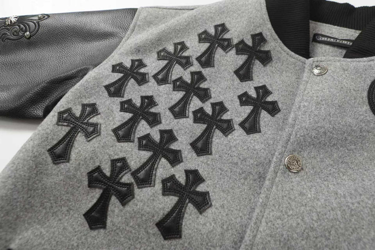Chrome-Hearts Multi Cross Varsity Jacket - Grey Black Street Jacket 2215