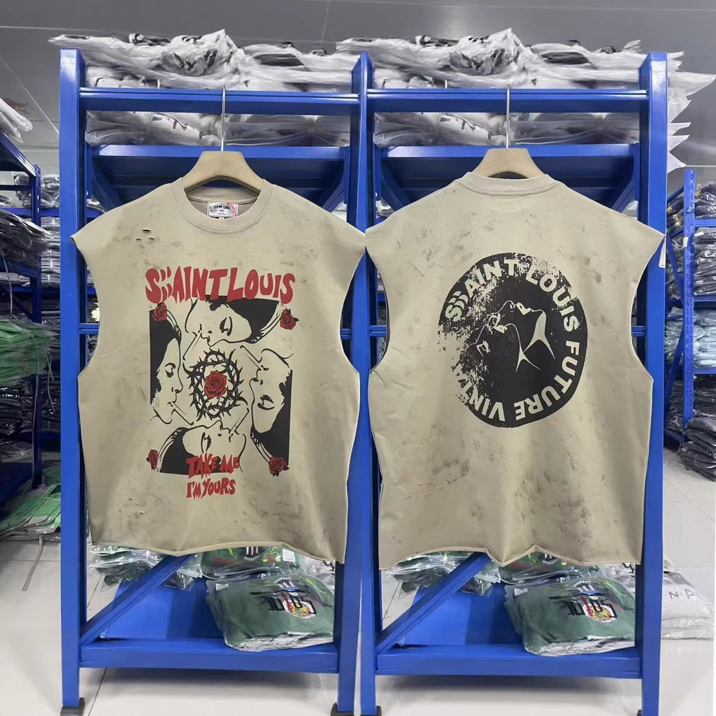 SSSAINT LOUIS Cartoon Graphic Washed Distressed Tank Top Unisex
