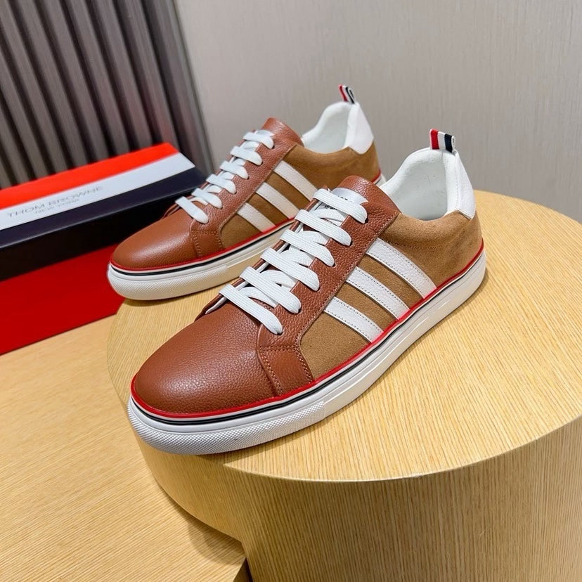 Three-Stripe Color-Block Sneaker — Red & Black Sole Detail