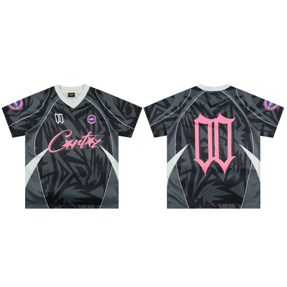 Corteiz Geometric Graphic Athletic Jersey T-Shirt - Black/Grey/Pink