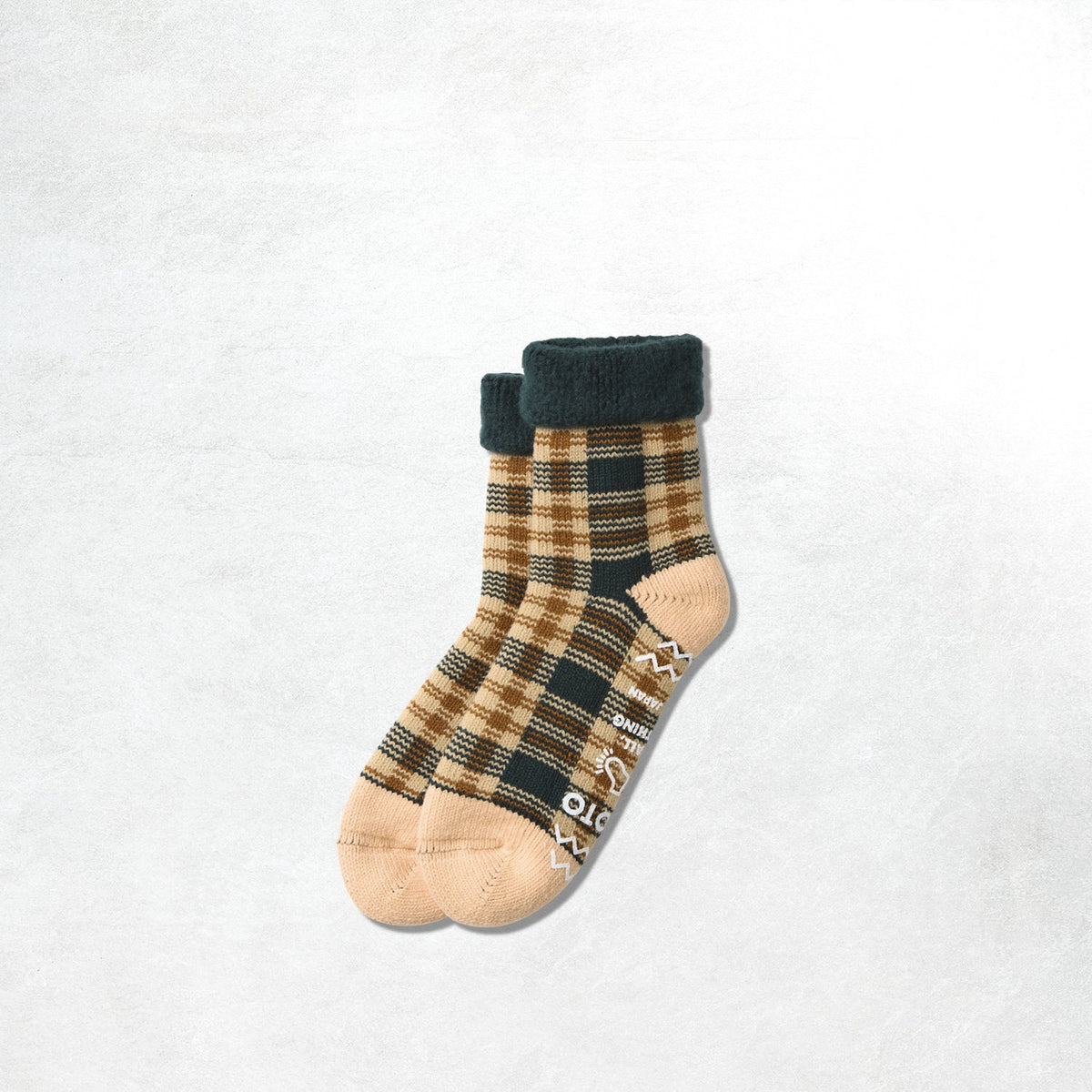 Rototo Check Comfy Room Sock: Forest Green / Beige