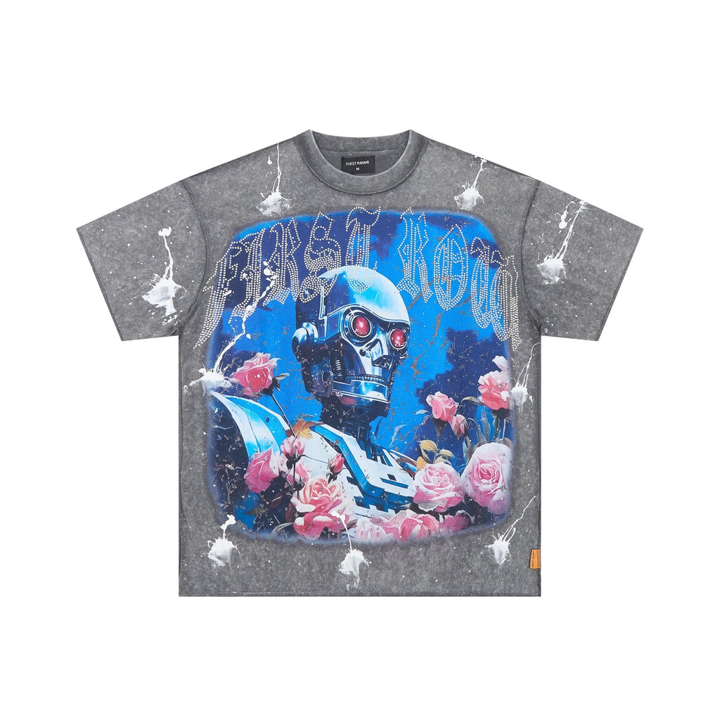 FIRST ROW Washed Grey Front & Back Graphic T-Shirt