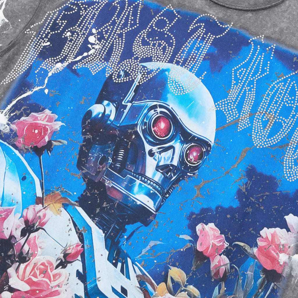 FIRST ROW Washed Grey Front & Back Graphic T-Shirt