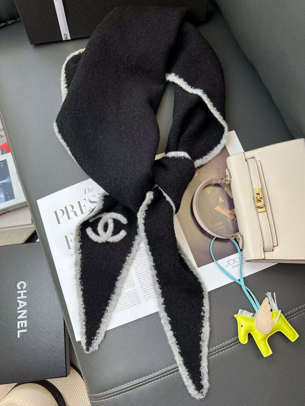 Chanel Style Fuzzy Triangle Logo Scarf