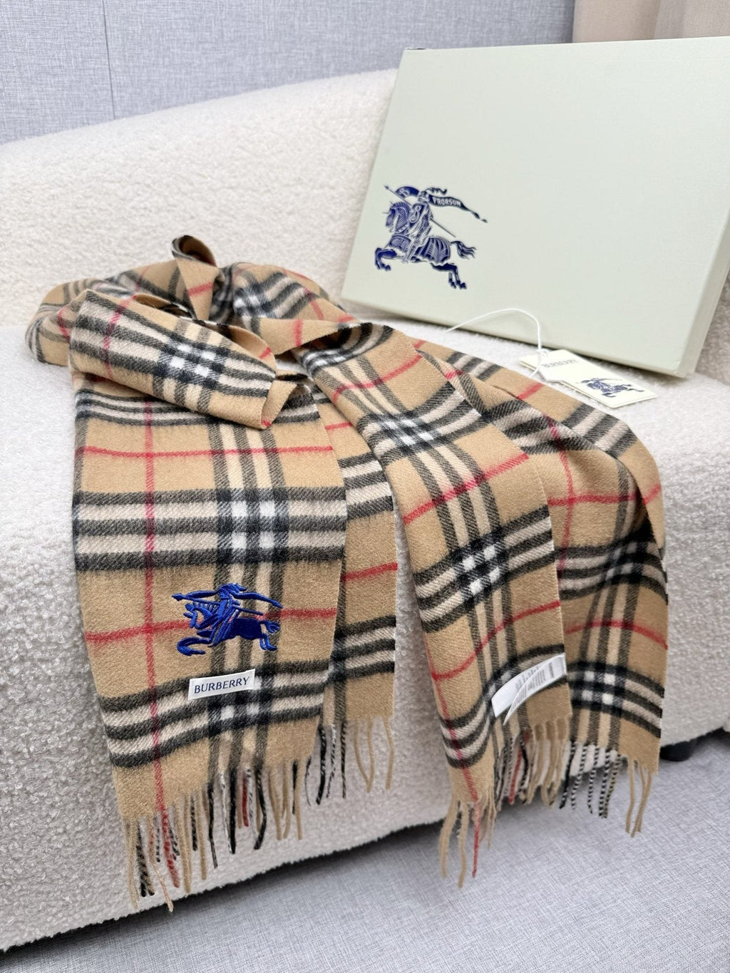 Burberry Beige Plaid Fringe Scarf