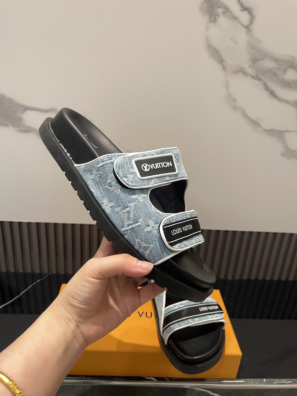 Louis Vuitton Light Blue-Gray Double-Strap Slide Sandals