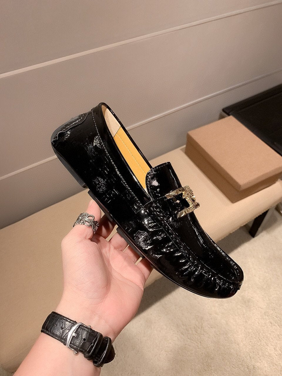 Versace Men's Black Medusa Loafers - Tan Leather Lining