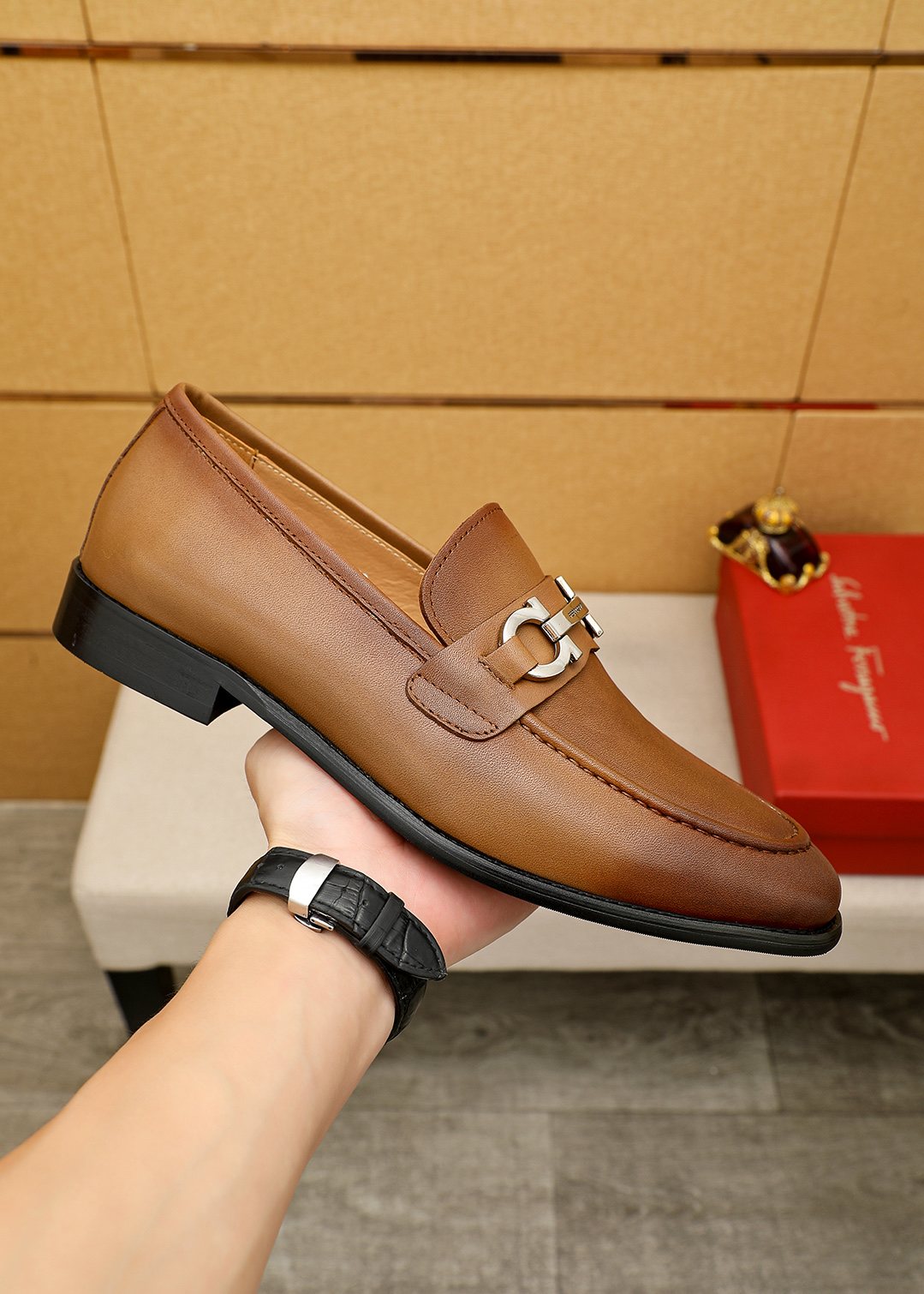 Ferragamo Brown Metal-Accent Loafers