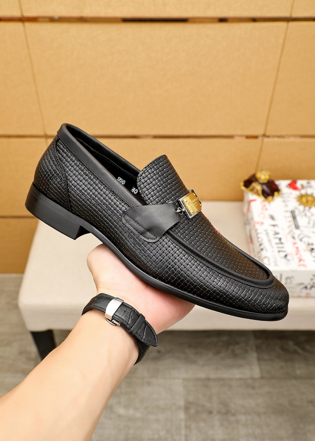Dolce & Gabbana Black Embossed Buckle Loafers