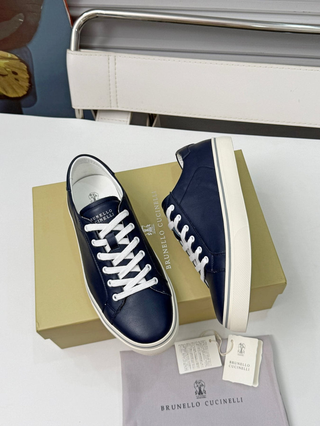 Brunello Cucinelli Navy Leather Low-Top Sneakers