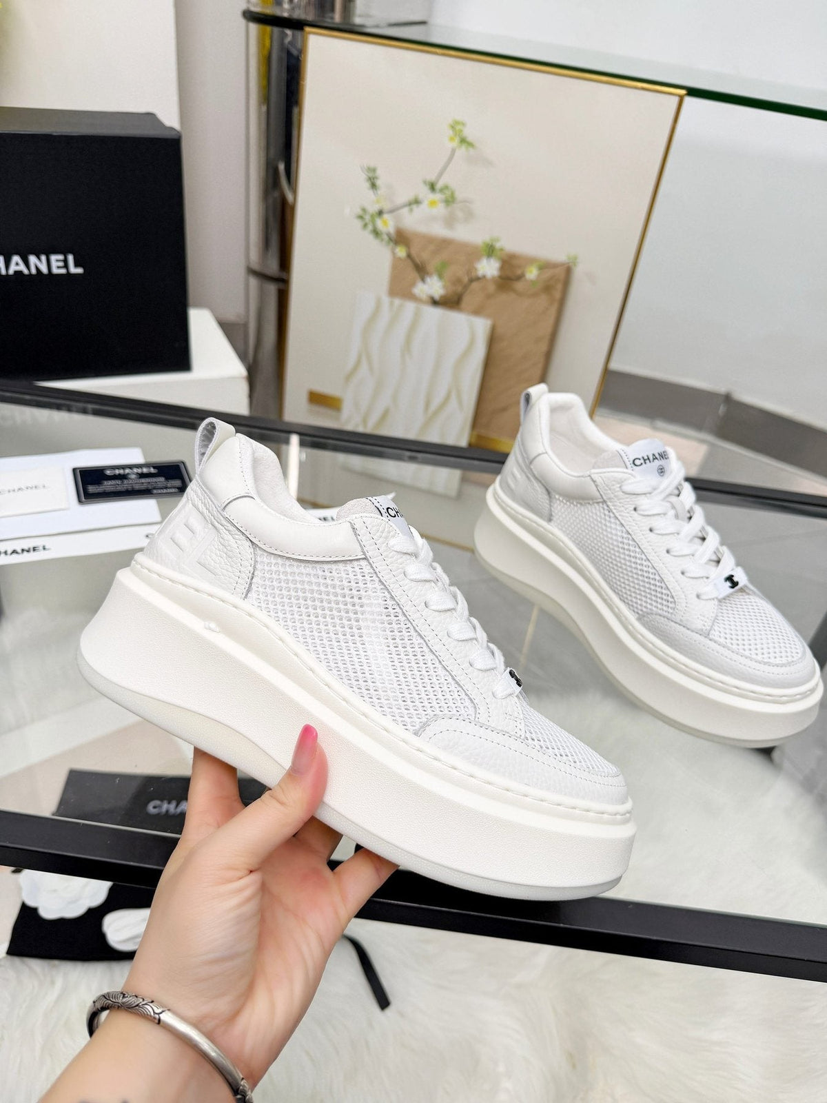 CHANEL Women's White Platform Low-Top Sneakers